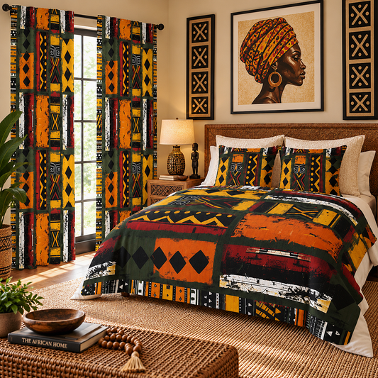 A styled bedroom featuring a bed dressed in a bold African-inspired patchwork quilt and matching pillow shams, with matching patterned curtains hanging by a window. The room has warm beige walls, a framed portrait of a woman, and woven furniture.
