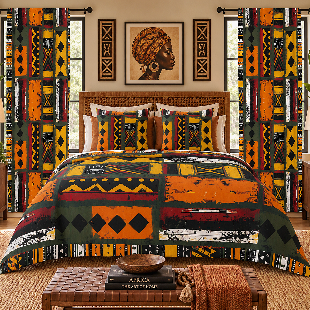 A styled bedroom scene showing a bed dressed in a bold African-inspired geometric patchwork bedding set with matching curtains, pillows, and wall art. The bedding features large blocks of orange, yellow, black, green, white, and red in diamond, stripe, and tribal-style patterns.
