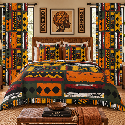 A styled bedroom scene showing a bed dressed in a bold African-inspired geometric patchwork bedding set with matching curtains, pillows, and wall art. The bedding features large blocks of orange, yellow, black, green, white, and red in diamond, stripe, and tribal-style patterns.