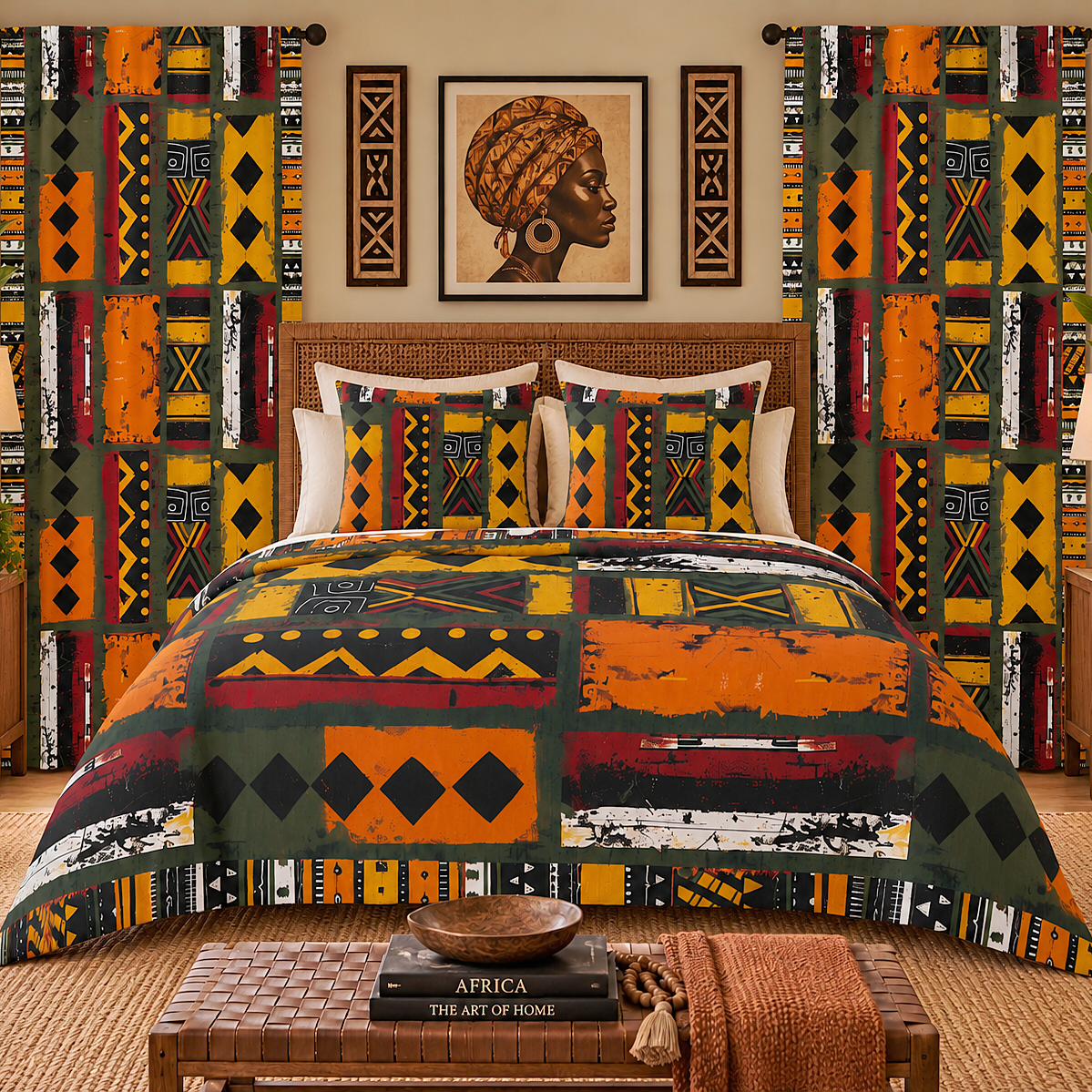 A fully styled bedroom featuring a bed dressed in a vibrant African-inspired patchwork pattern bedding set, matching curtains, and decorative pillows. The pattern includes orange, yellow, green, black, and red geometric designs.