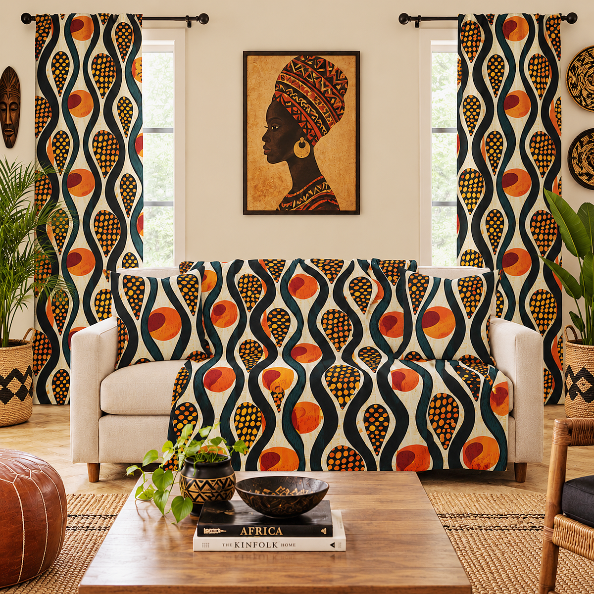A styled living room featuring a white sofa and matching window treatments with a bold, retro-inspired African-inspired geometric pattern in orange, yellow, black, and teal. A framed art print of an African woman is mounted on the wall above the sofa.