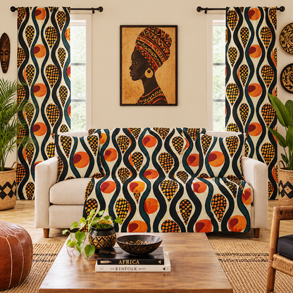 A styled living room featuring a white sofa and matching window treatments with a bold, retro-inspired African-inspired geometric pattern in orange, yellow, black, and teal. A framed art print of an African woman is mounted on the wall above the sofa.