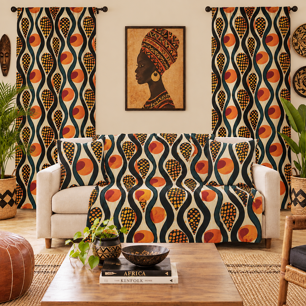 A styled living room featuring a white sofa and matching curtains with a bold African-inspired wave pattern in navy, orange, black, and beige. A framed portrait of an African woman is displayed on the wall above the sofa, and a wooden coffee table with books and plants sits in the foreground.