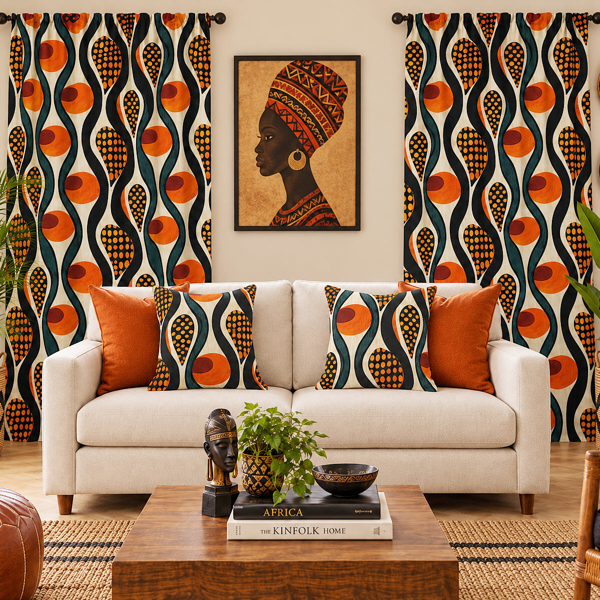 A styled living room featuring a cream sofa with orange and patterned throw pillows, matching patterned curtains, and a framed portrait of a woman in traditional African headwear above the couch.