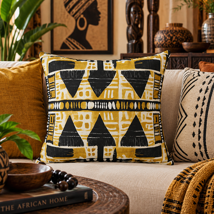 A decorative throw pillow with a bold African-inspired geometric pattern in mustard yellow, black, and cream, styled on a beige sofa in a warm, rustic living room setting.