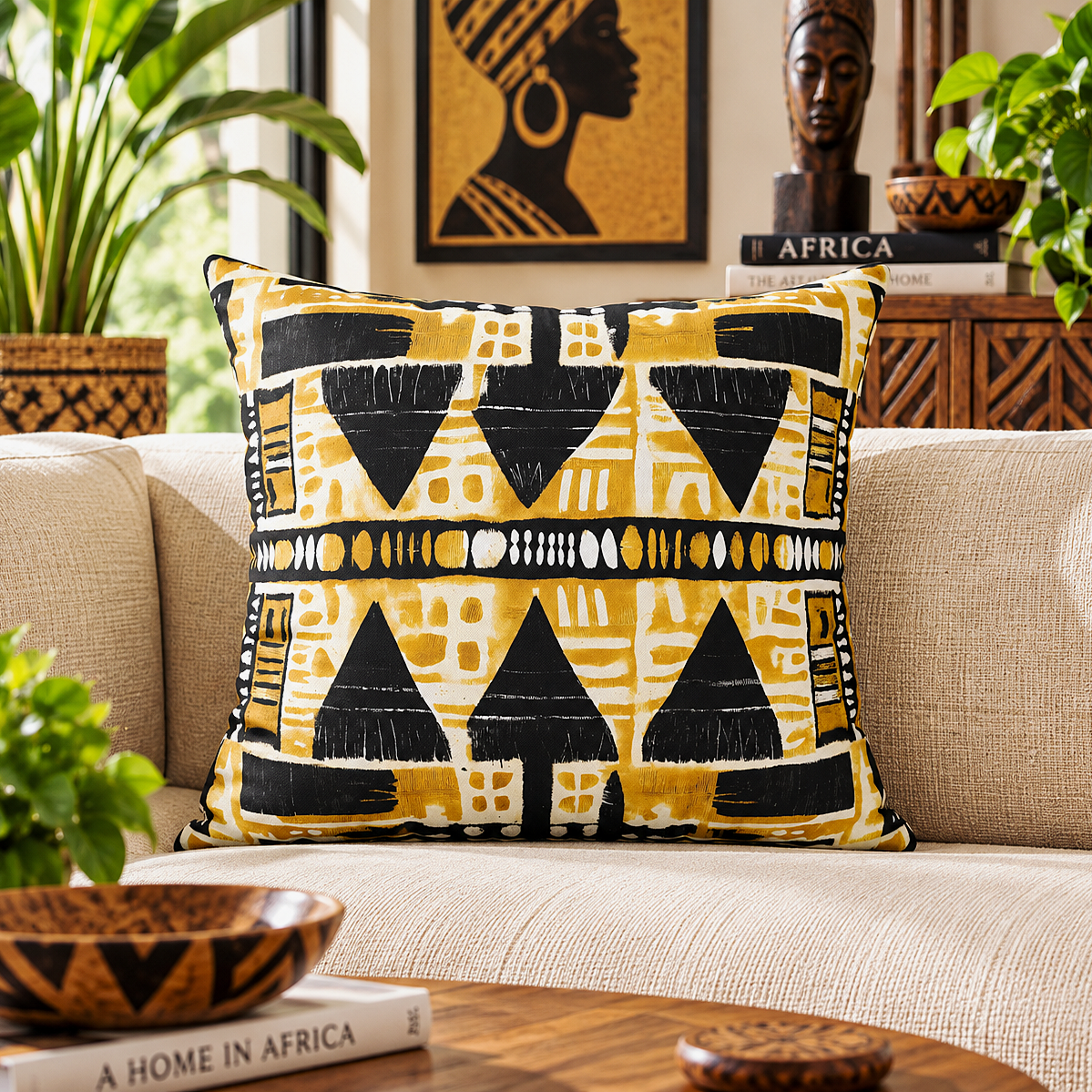 Yellow Black Mudcloth Pillow Cover