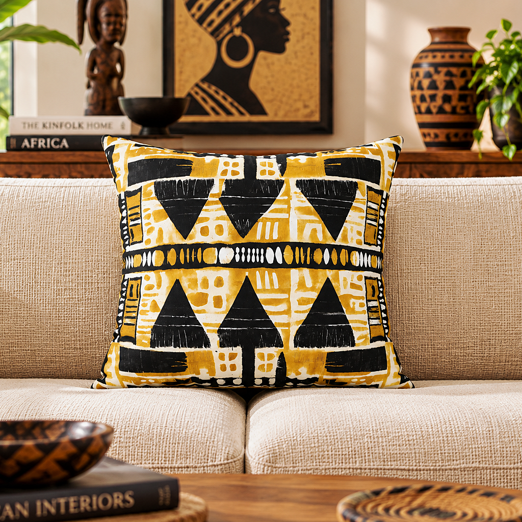 Yellow Black Mudcloth Pillow Cover