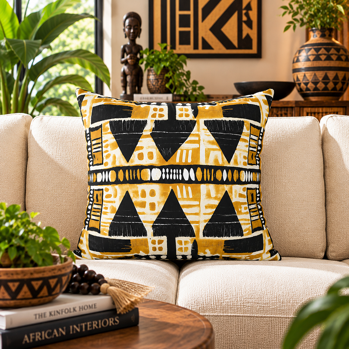 Yellow Black Mudcloth Pillow Cover