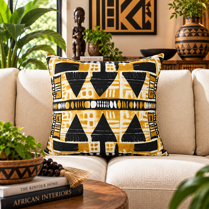 Yellow Black Mudcloth Pillow Cover