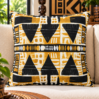 A square throw pillow with a bold geometric tribal pattern in mustard yellow, black, and cream, resting on a beige fabric sofa in a decorated living room.