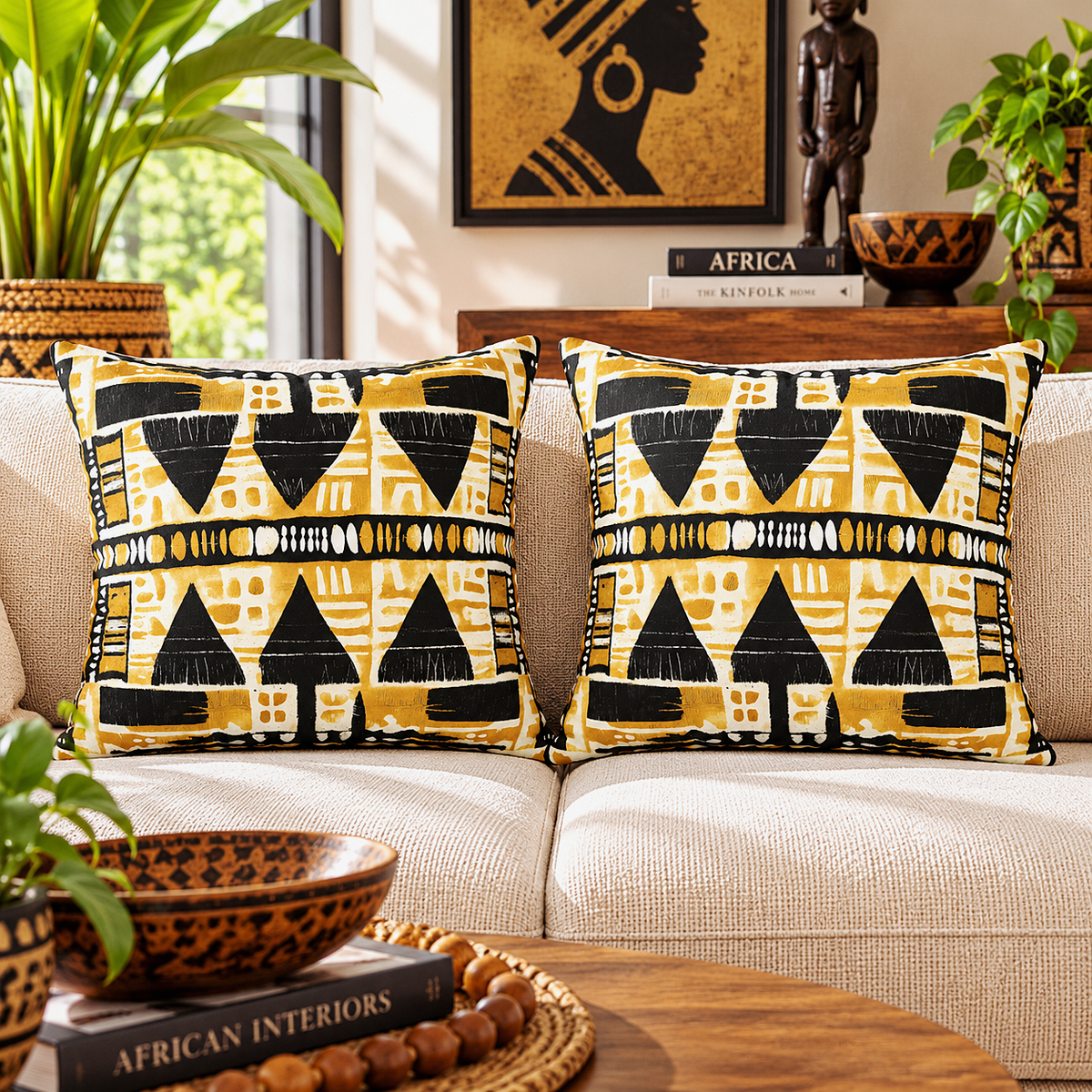 Two square throw pillows with a bold black, yellow, and white geometric tribal pattern resting on a beige sofa in a styled living room setting.