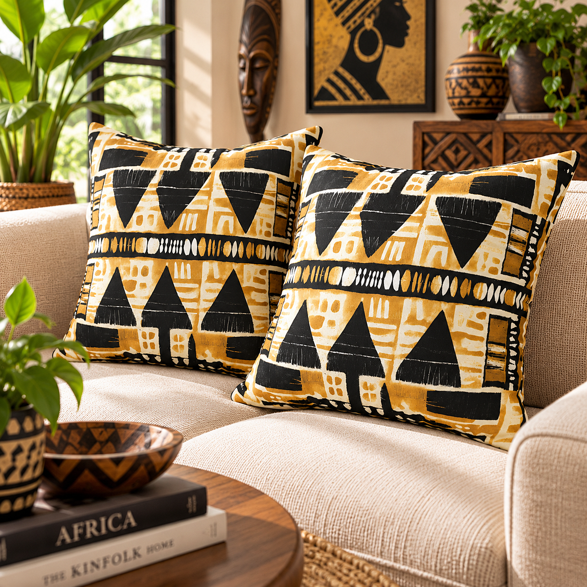 Two decorative throw pillows with a bold African-inspired geometric pattern in mustard yellow, black, and white, styled on a beige sofa in a sunlit living room.