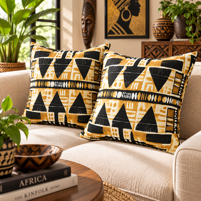 Two decorative throw pillows with a bold African-inspired geometric pattern in mustard yellow, black, and white, styled on a beige sofa in a sunlit living room.