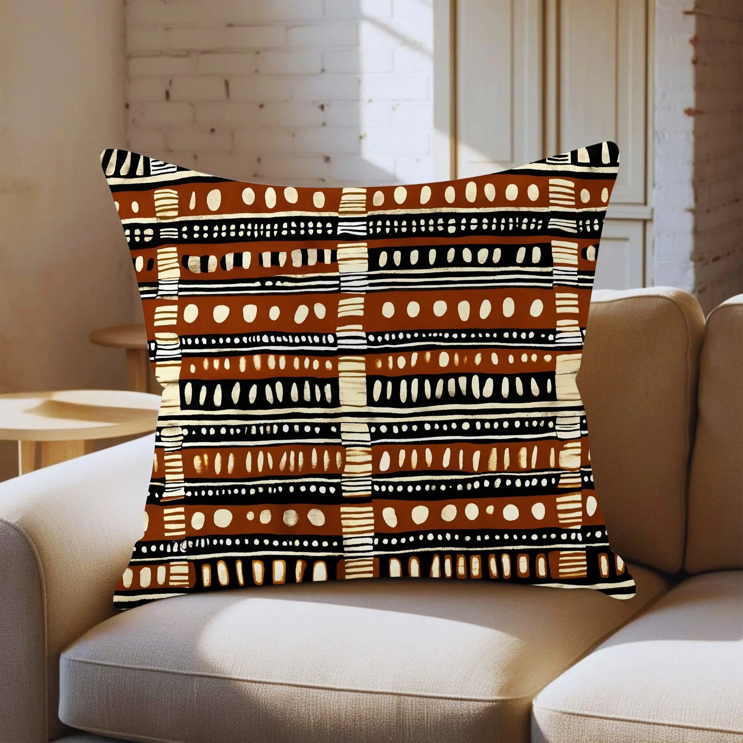 African mudcloth pattern throw pillow on beige sofa in modern living room