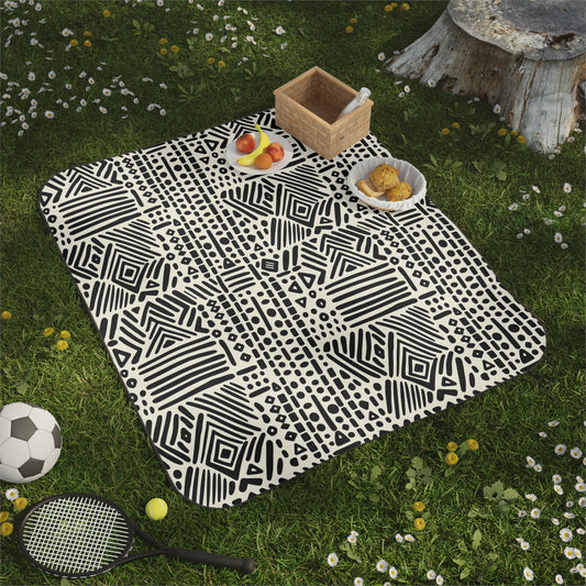 Black Striped Tribal Mud Cloth Print Picnic Blanket