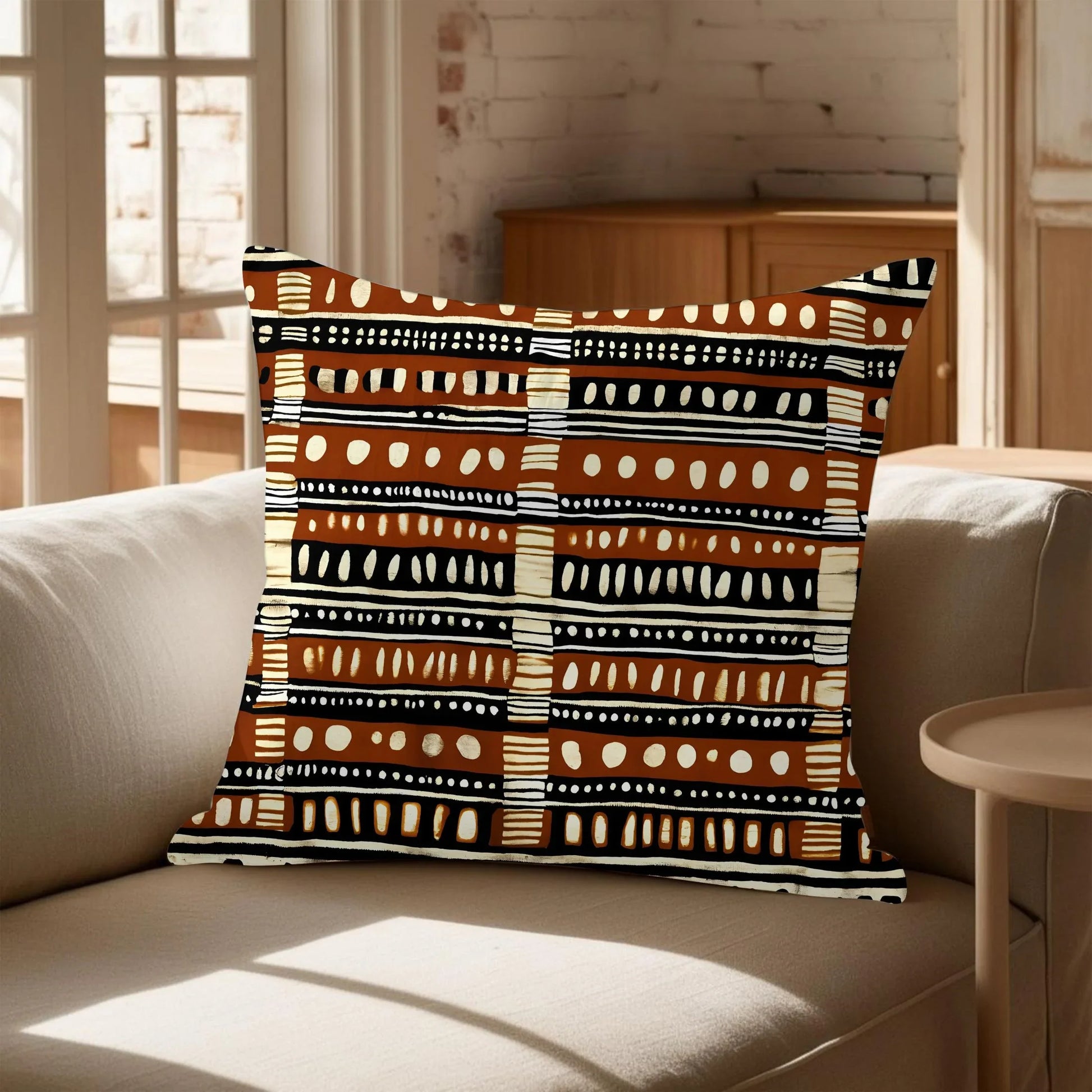 Geometric brown and black patterned throw pillow on beige sofa in sunlit living room