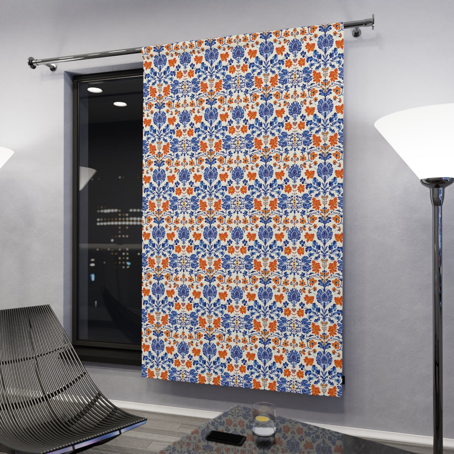 Blue & Orange Toile Print Curtain