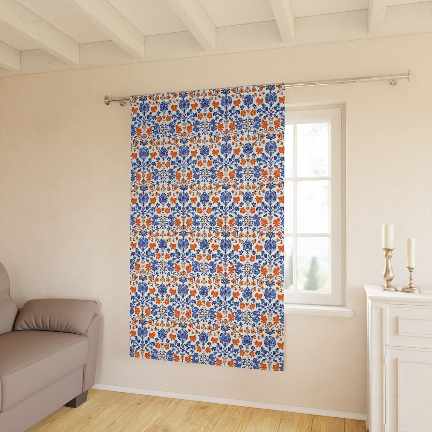 Blue & Orange Toile Print Curtain