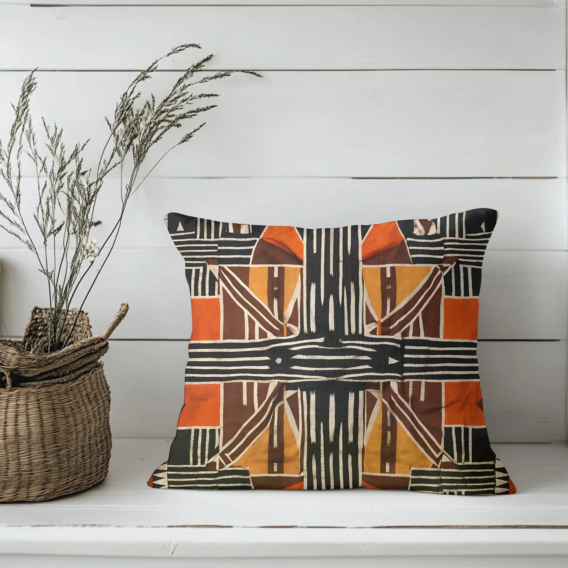 Geometric mud cloth pillow with black, orange, and brown patterns on white shiplap shelf