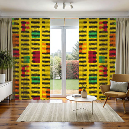 Living room with colorful abstract patterned curtains