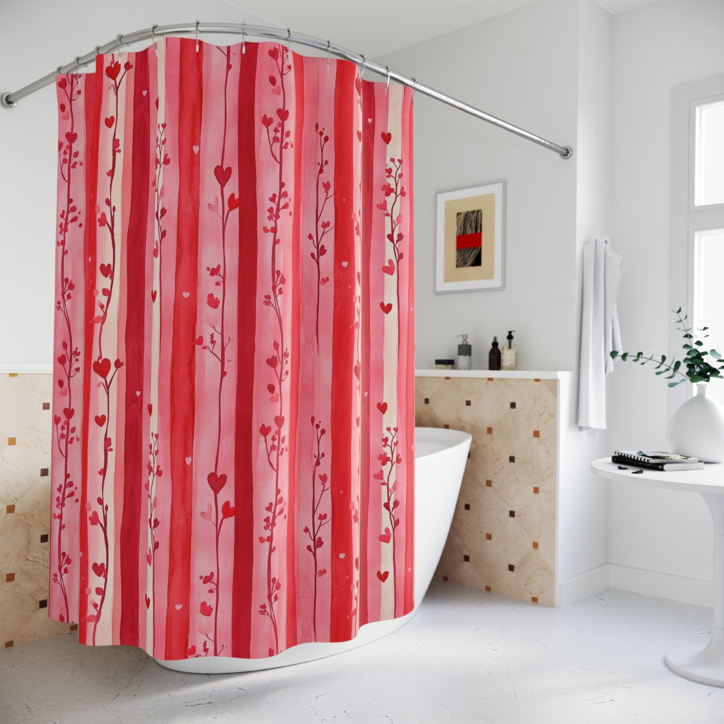 Pink Hearts Striped Floral Shower Curtains