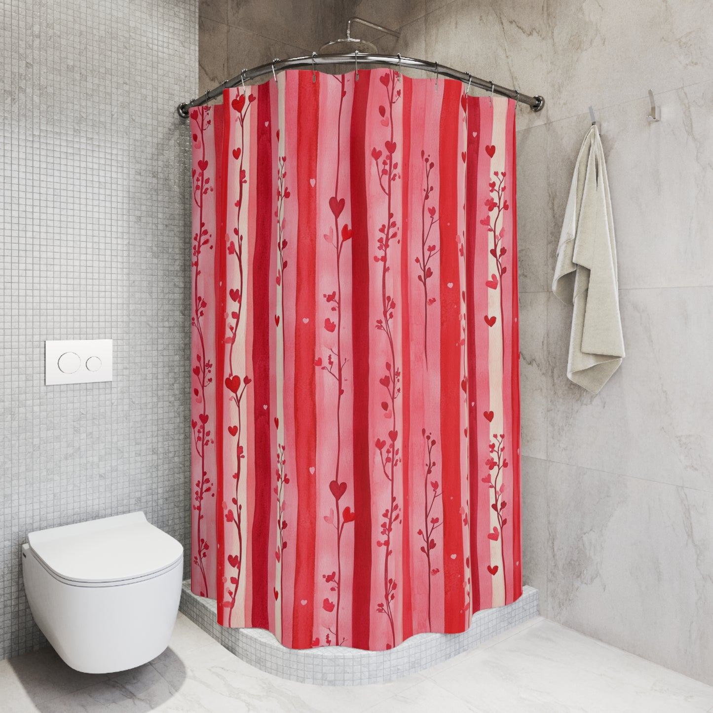 Pink Hearts Striped Floral Shower Curtains