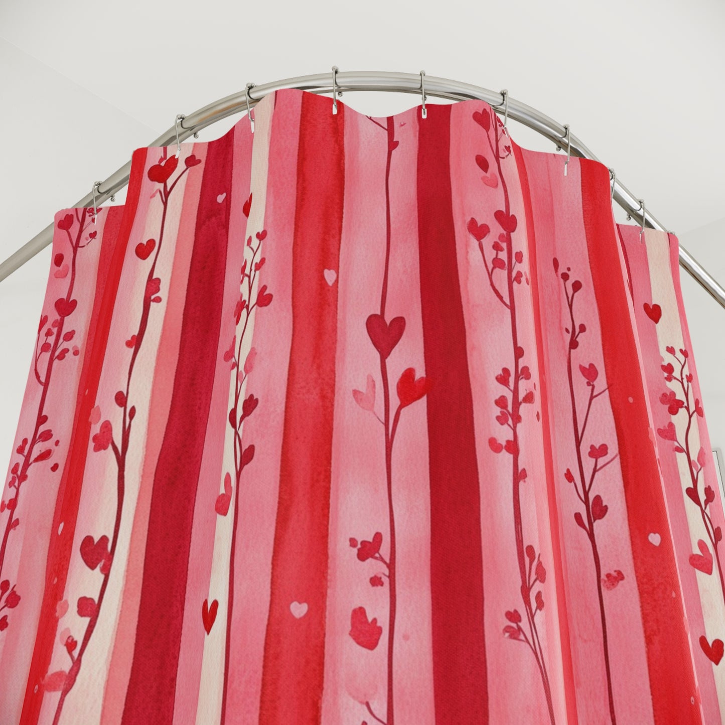Pink Hearts Striped Floral Shower Curtains