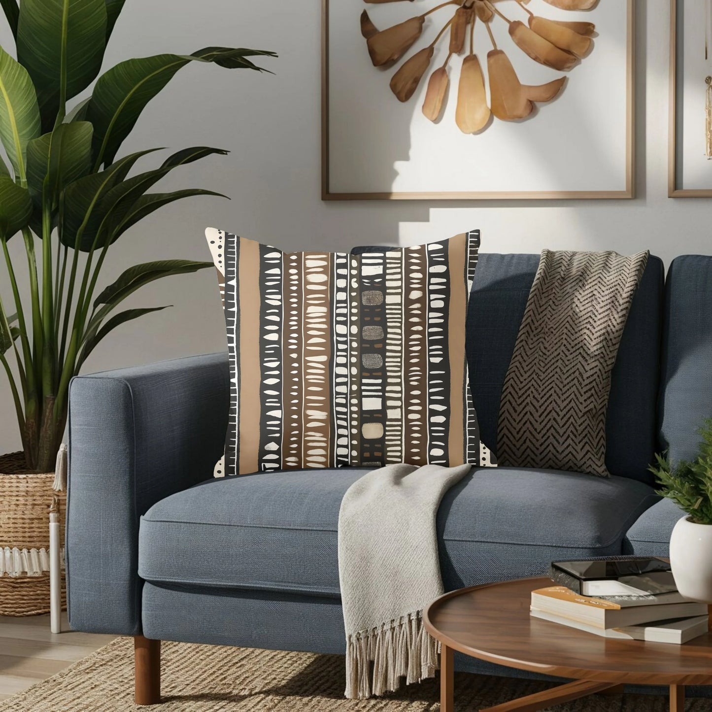 Modern living room with blue sofa, patterned throw pillow, blanket, and indoor plant