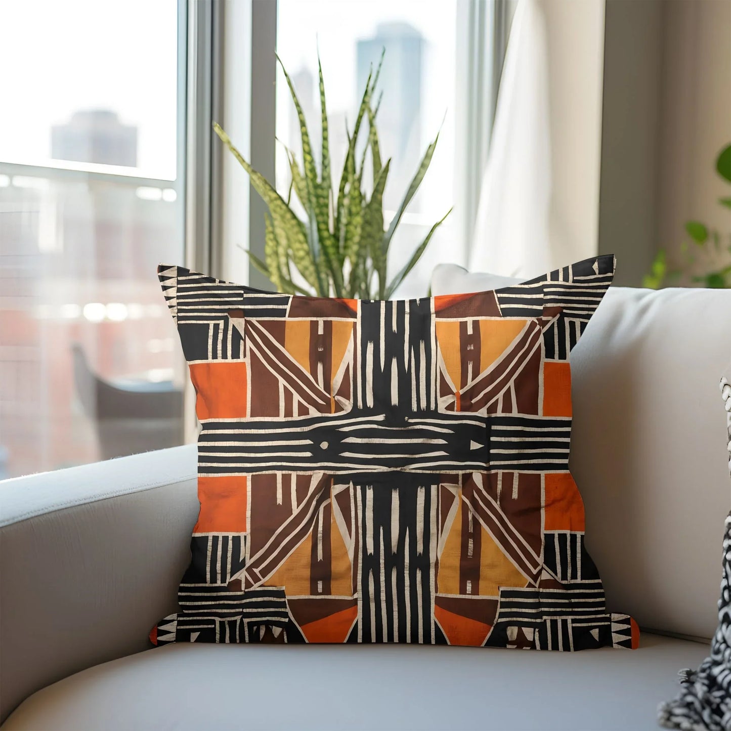 Geometric mud cloth throw pillow on modern white sofa with indoor plant and city view