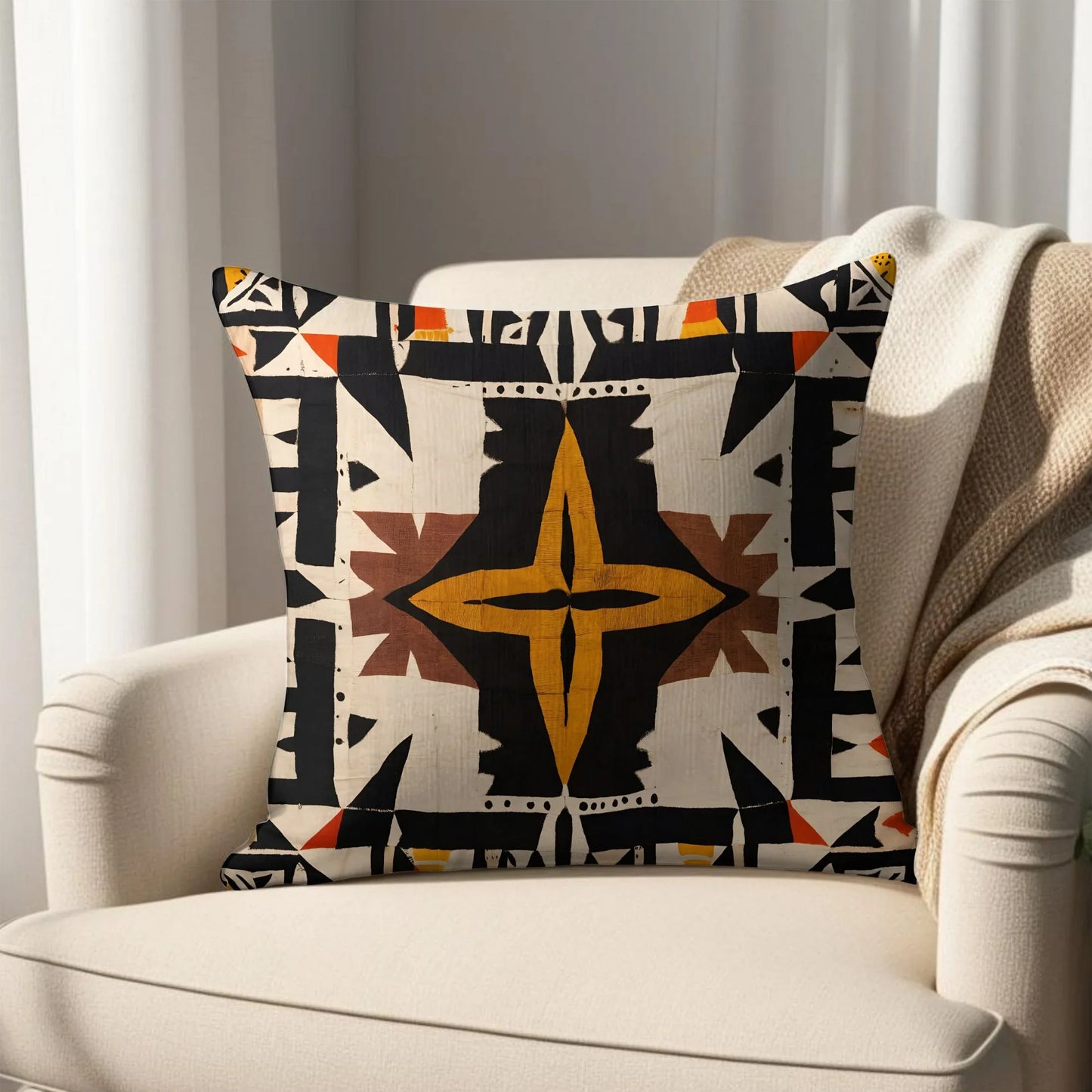 Modern accent chair with geometric patterned throw pillow and beige blanket by a window