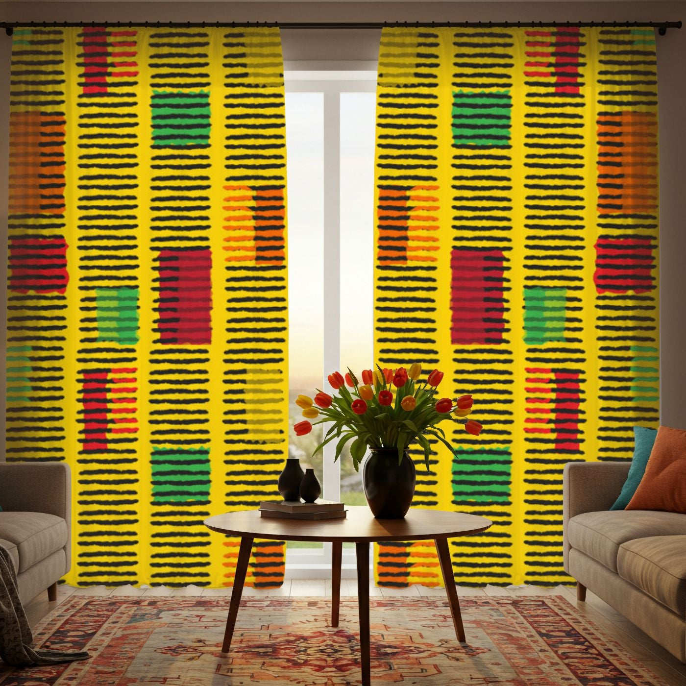 Living room with colorful patterned curtains and a small table with flowers.