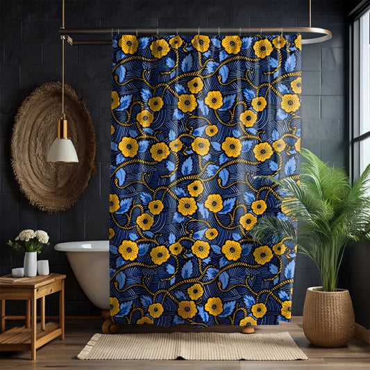 Royal Blue Ankara Wax Floral Shower Curtain