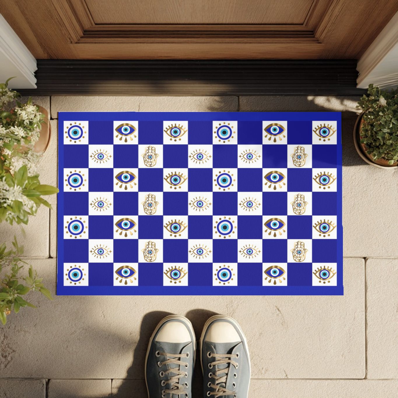 Evil Eye Hamsa Pattern Doormat | Blue Checker Welcome Mat