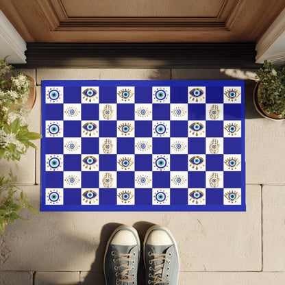 Evil Eye Hamsa Pattern Doormat | Blue Checker Welcome Mat