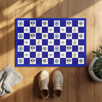 Evil Eye Hamsa Pattern Doormat | Blue Checker Welcome Mat