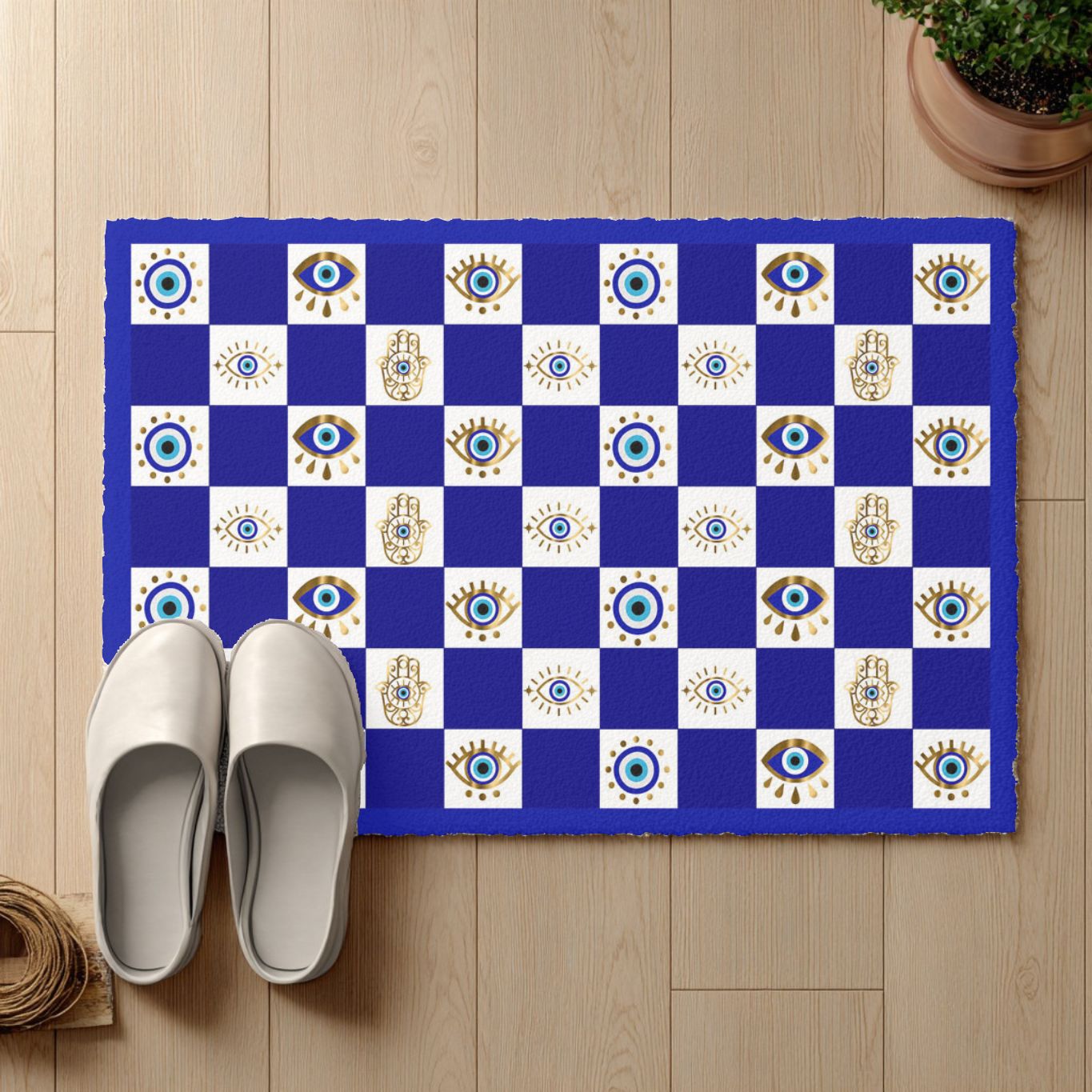 Evil Eye Hamsa Pattern Doormat | Blue Checker Welcome Mat