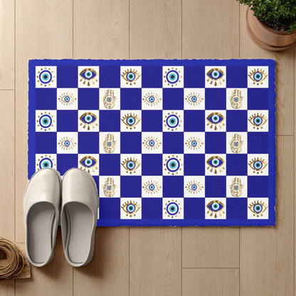 Evil Eye Hamsa Pattern Doormat | Blue Checker Welcome Mat