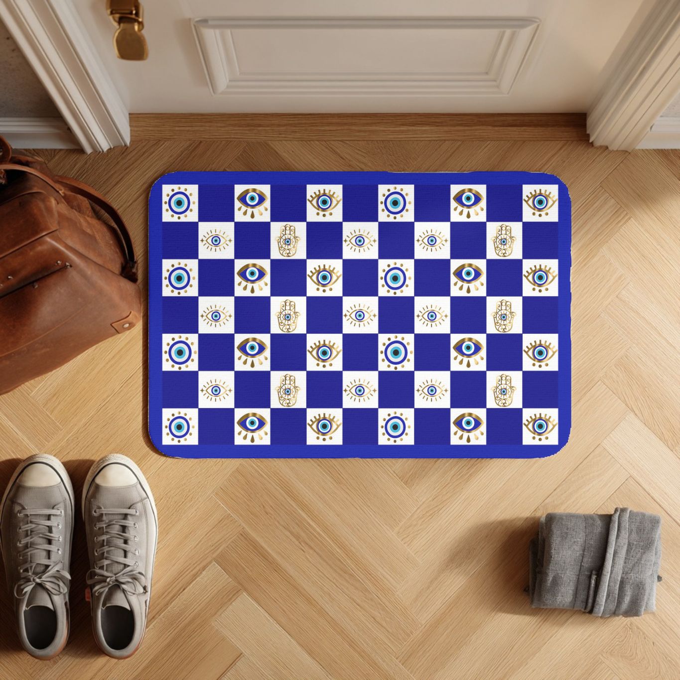 Evil Eye Hamsa Pattern Doormat | Blue Checker Welcome Mat