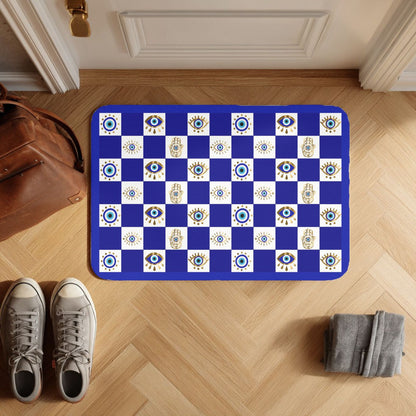 Evil Eye Hamsa Pattern Doormat | Blue Checker Welcome Mat