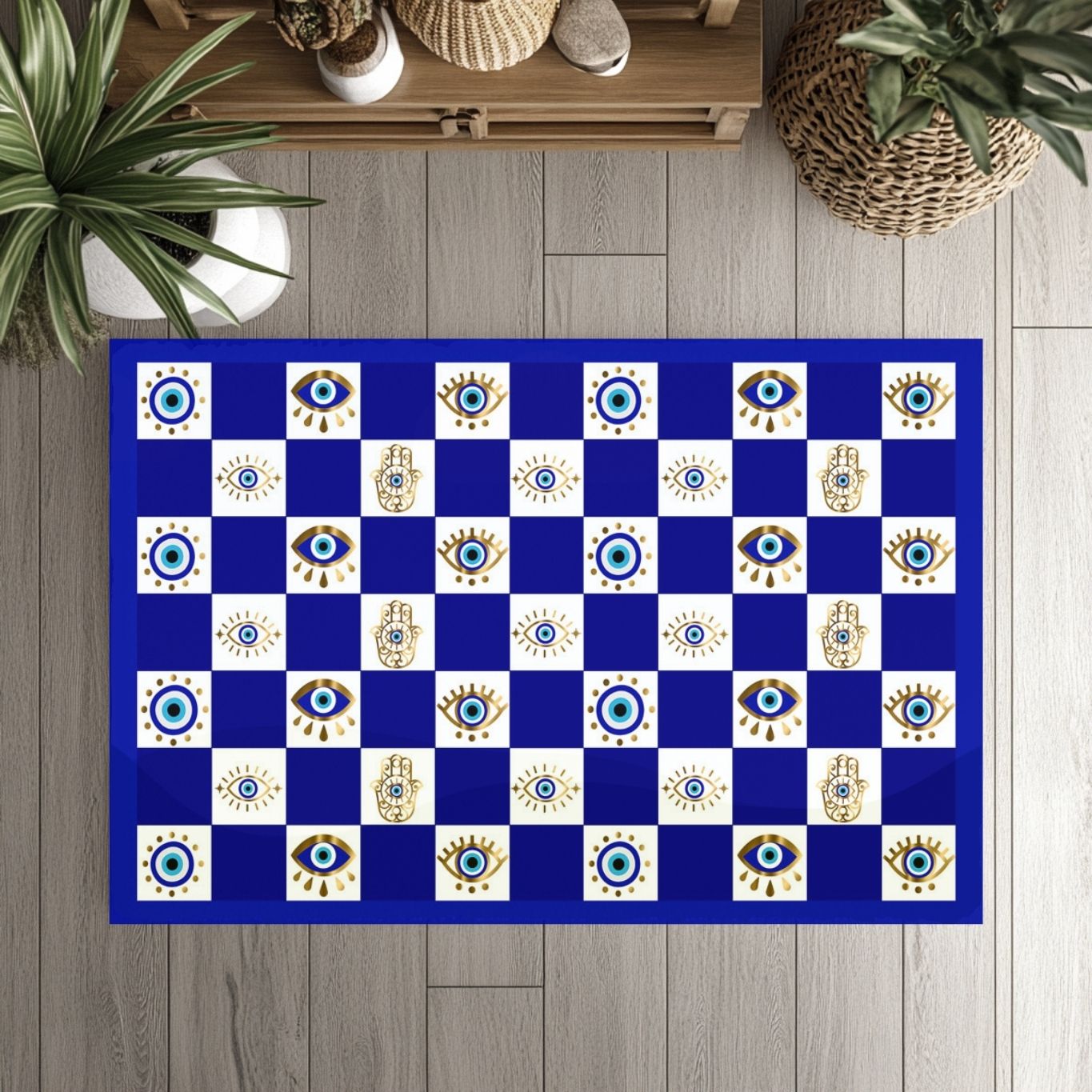 Evil Eye Hamsa Pattern Doormat | Blue Checker Welcome Mat