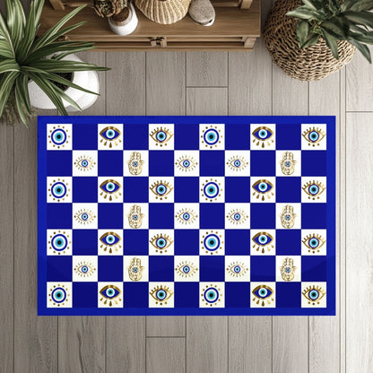 Evil Eye Hamsa Pattern Doormat | Blue Checker Welcome Mat