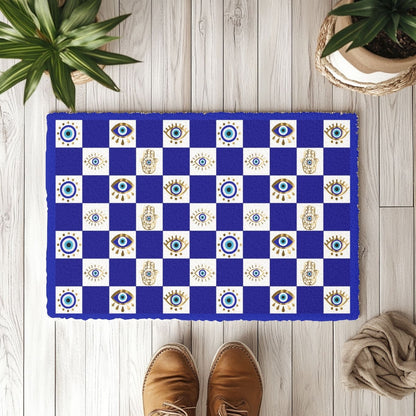 Evil Eye Hamsa Pattern Doormat | Blue Checker Welcome Mat