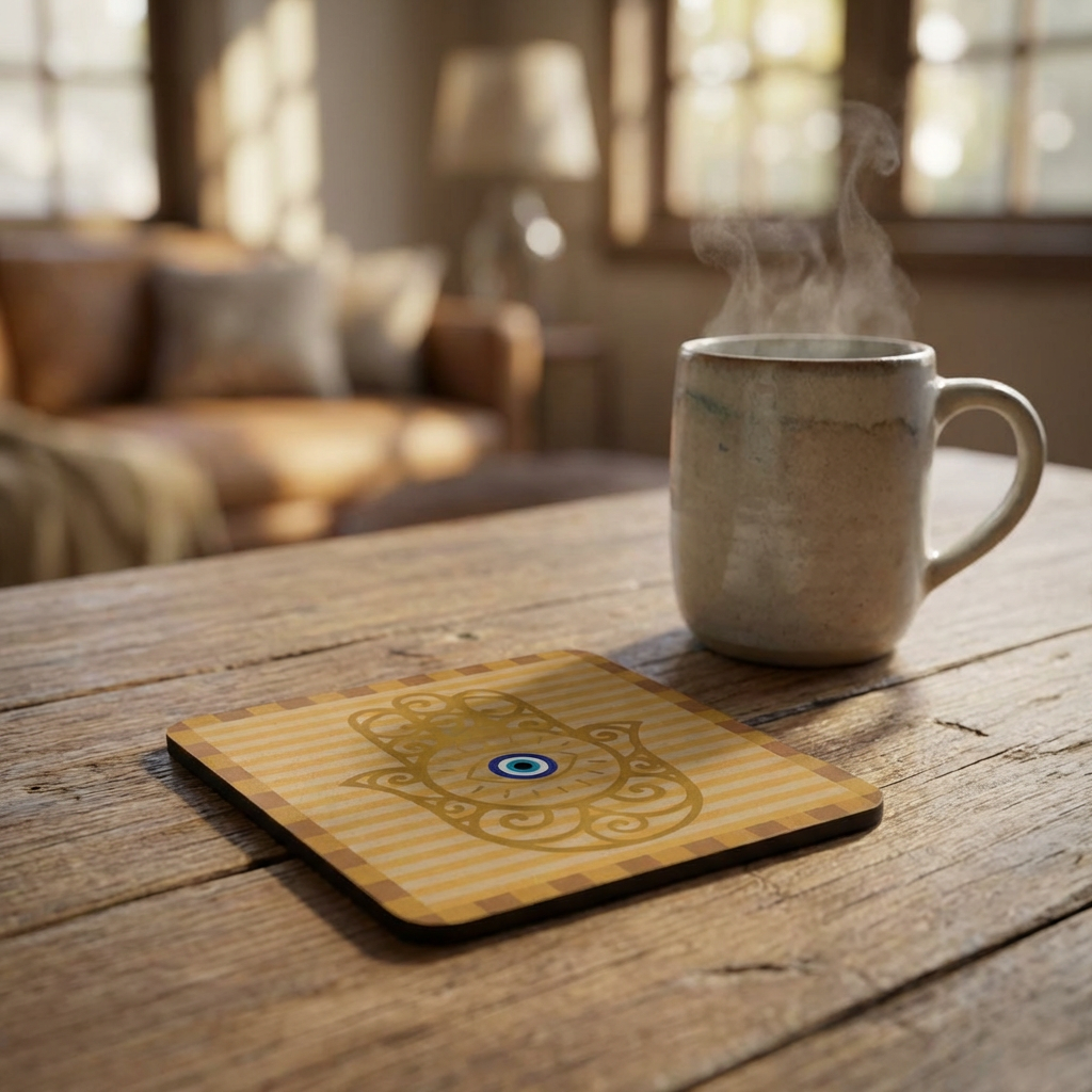 Hamsa Hand with Evil Eye Cork Coaster Set | Protective Symbol Coasters