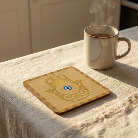 Hamsa Hand with Evil Eye Cork Coaster Set | Protective Symbol Coasters