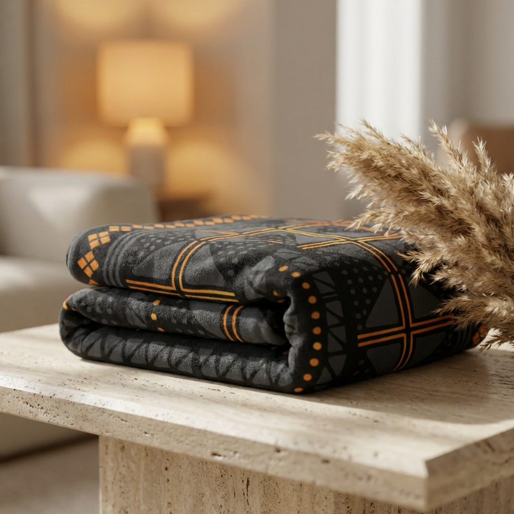 Black Gold Mudcloth Sherpa Blanket