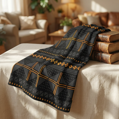 Black Gold Mudcloth Sherpa Blanket