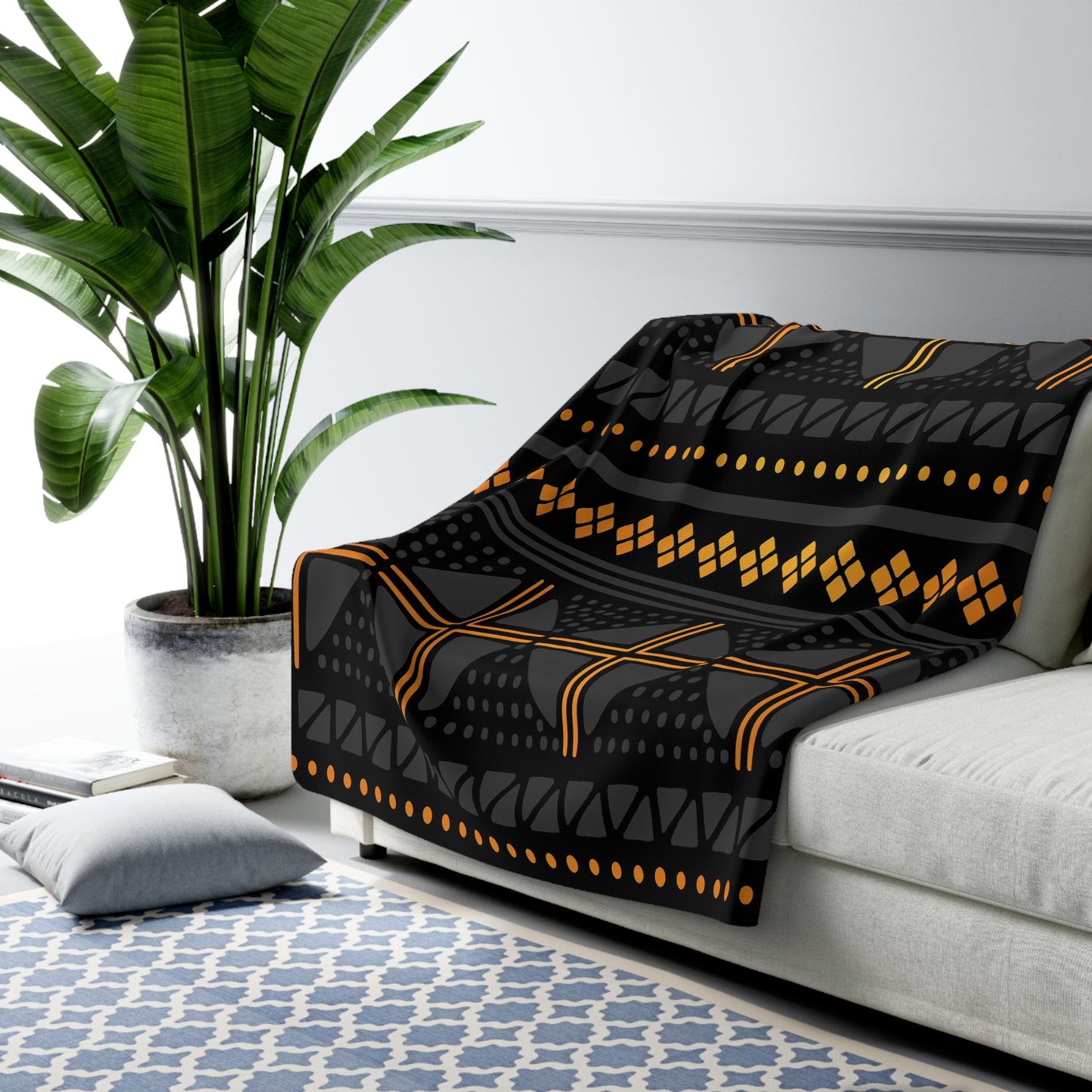 Black Gold Mudcloth Sherpa Blanket