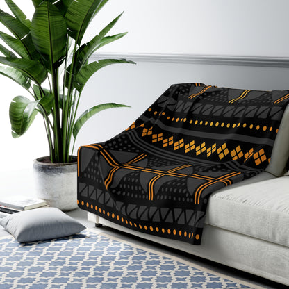 Black Gold Mudcloth Sherpa Blanket