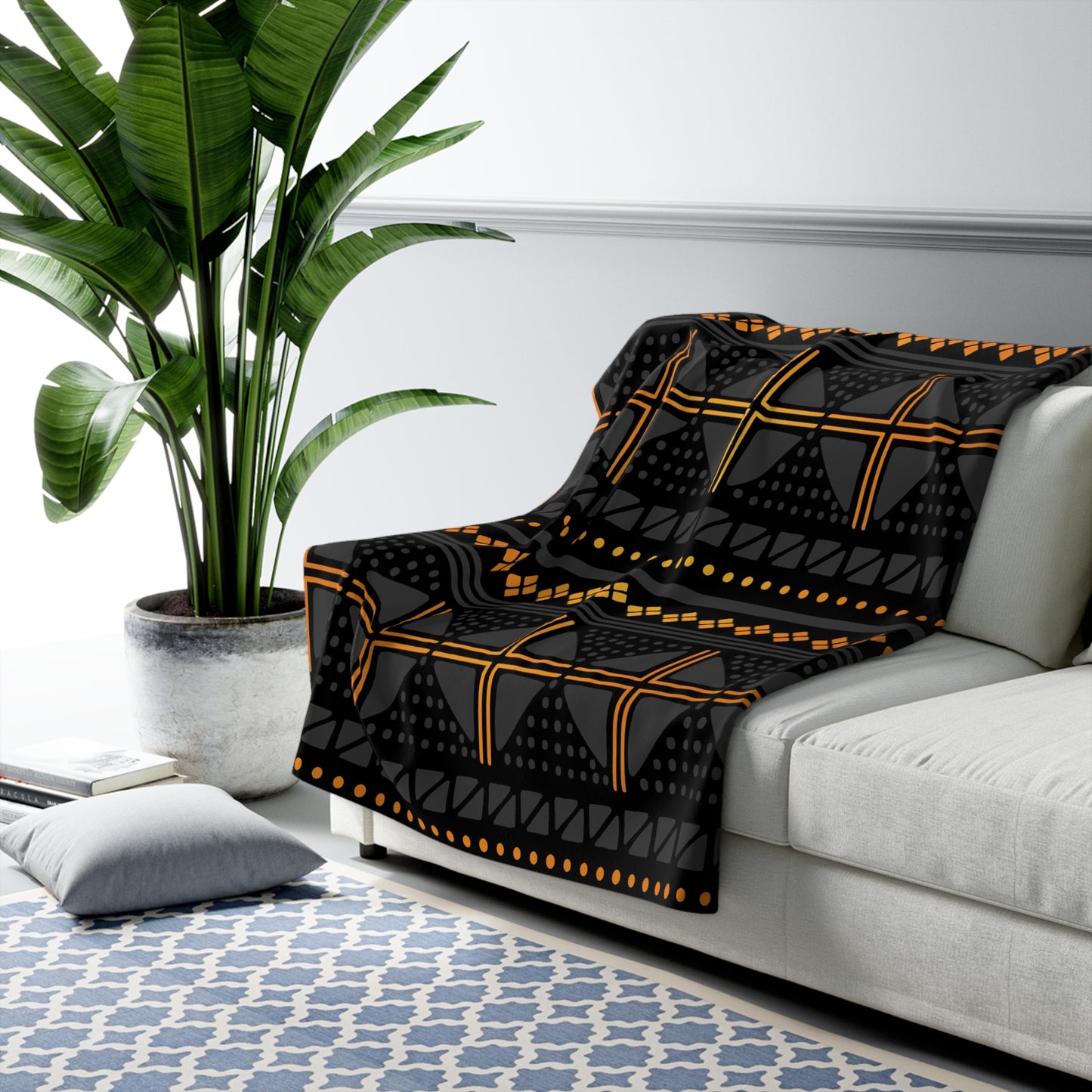 Black Gold Mudcloth Sherpa Blanket