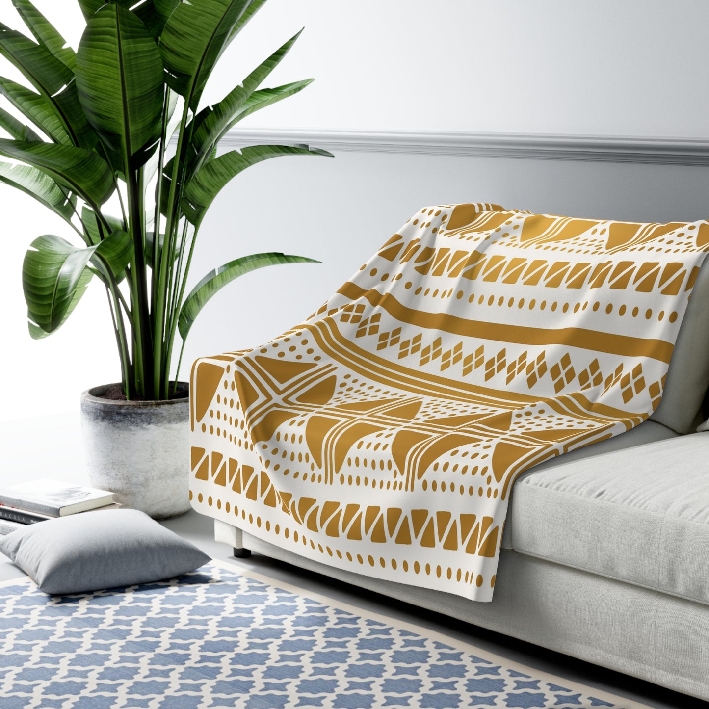 White Gold Mudcloth Sherpa Blanket